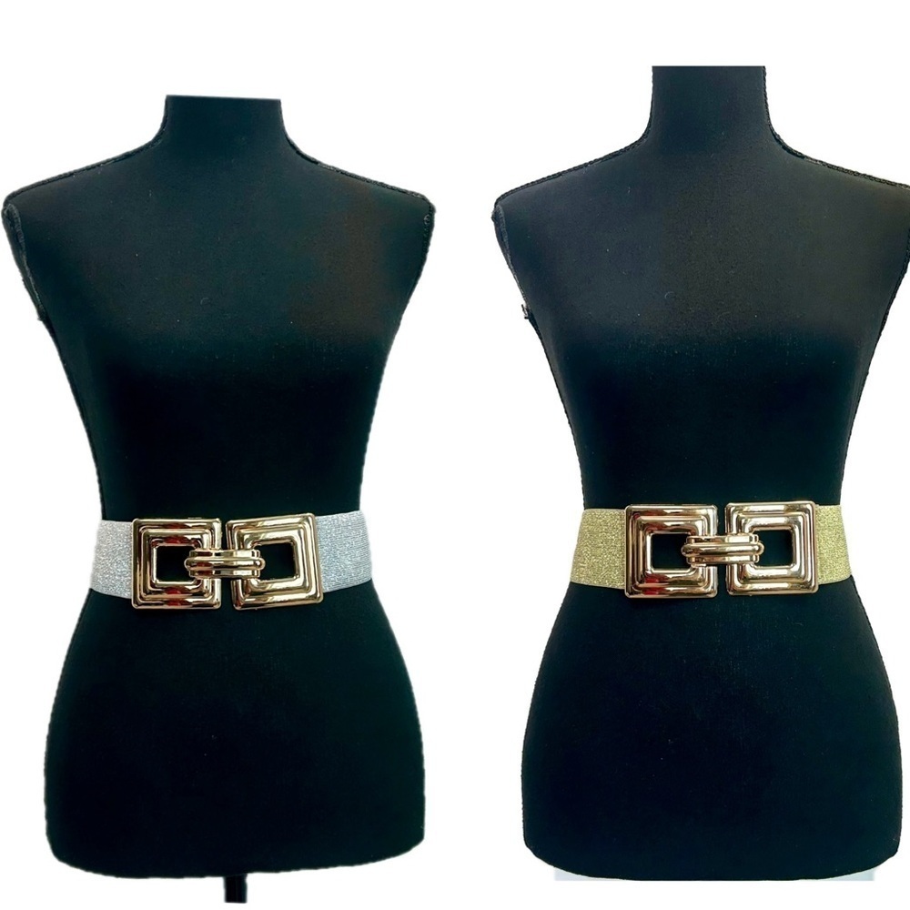 Two gold silver metallic glitter stretchy buckle belts thick band Sz S
